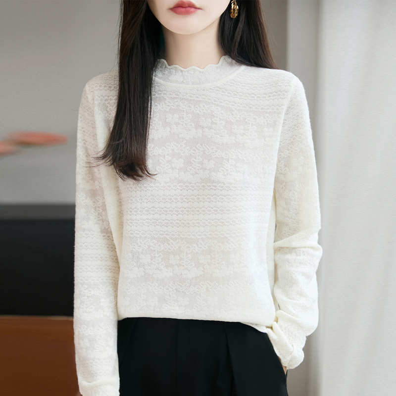 半高领精纺羊毛衫女立体镂空提花针织长袖毛衣气质宽松打底衫上衣