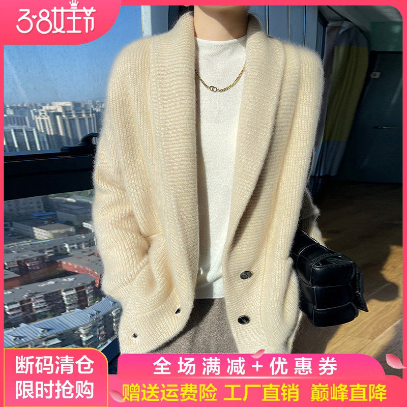 100%纯羊毛开衫女西装翻领加厚长袖外套宽松慵懒风带兜羊绒衫上衣