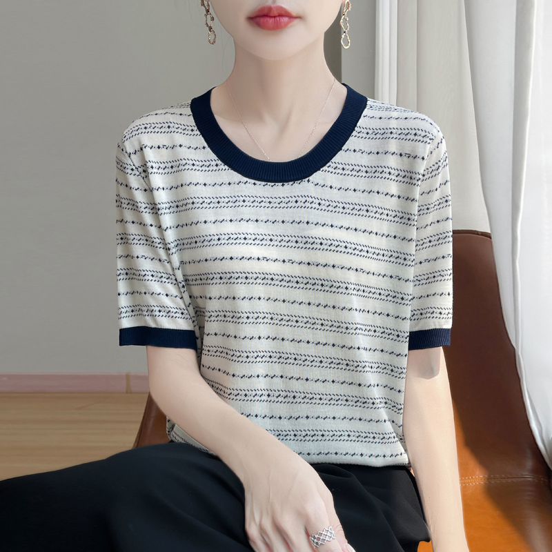 拼色条纹圆领天丝针织短袖T恤女夏季薄款半袖上衣宽松短款打底衫