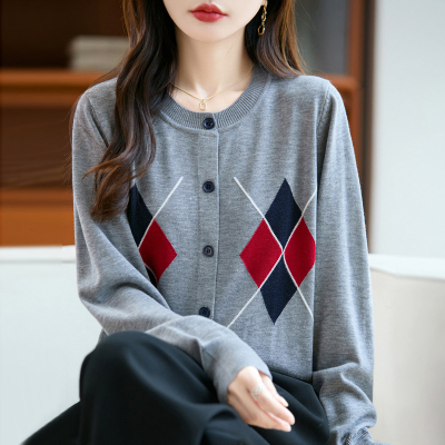 春秋菱形拼色精纺羊毛开衫女外套