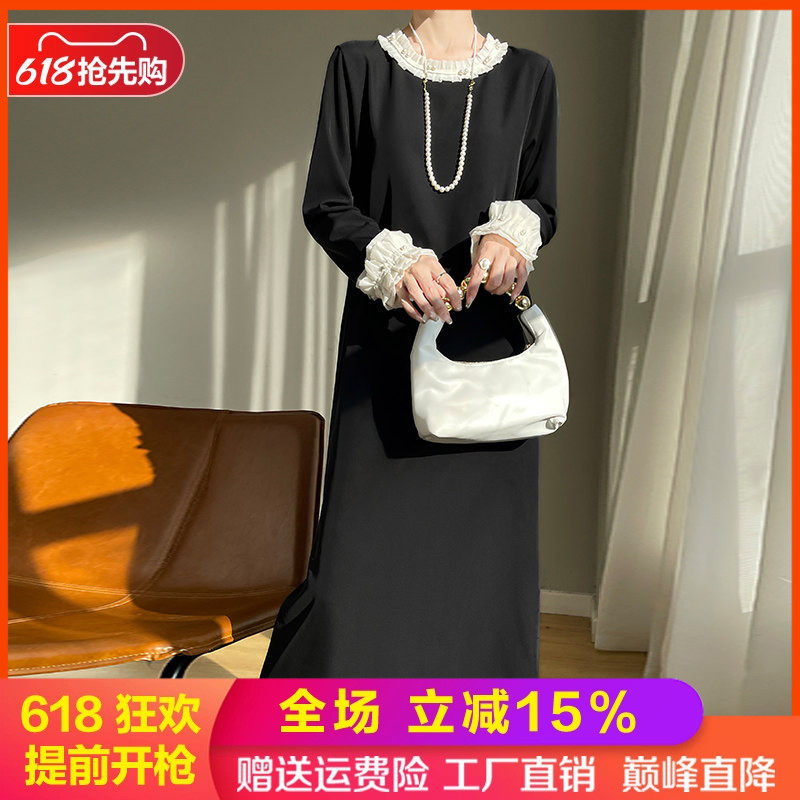 24新款法式拼色圆领中长款连衣裙女蕾丝花边真丝缎面复古长裙打底