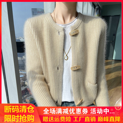 山羊绒开衫圆领短款带兜外套毛衣