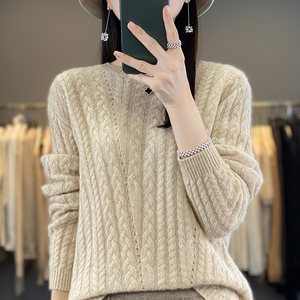 23秋冬新款圆领100%纯羊绒衫女绞花镂空针织衫宽松羊毛衫打底毛衣