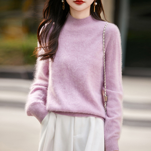 秋冬100%羊毛衫女一线成衣半高领拉绒针织毛衣宽松无缝羊绒衫打底