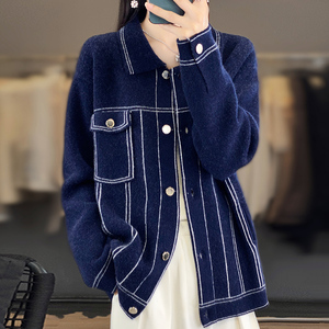 秋冬新款POLO领竖条拼色100%纯羊绒开衫女翻领带兜羊毛衫外套毛衣