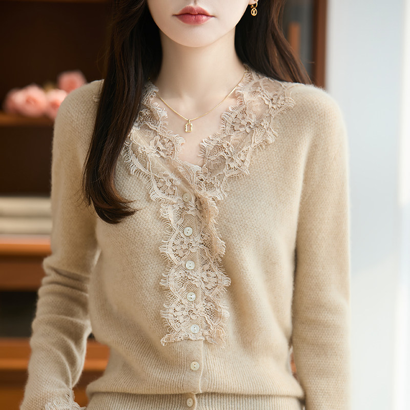 V领蕾丝花边100%纯羊毛开衫女小香风提花针织毛衣宽松羊绒衫外套