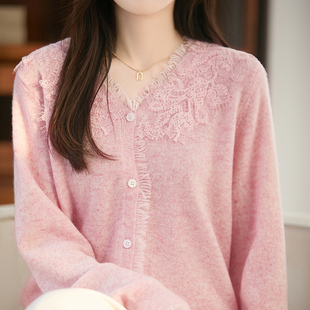 重工刺绣花朵100纯羊毛开衫女V领流苏针织毛衣宽松甜美羊绒衫外套