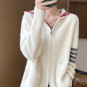 秋冬100%纯羊绒双拉链连帽开衫女拼色带兜帽衫外搭宽松羊毛衫外套