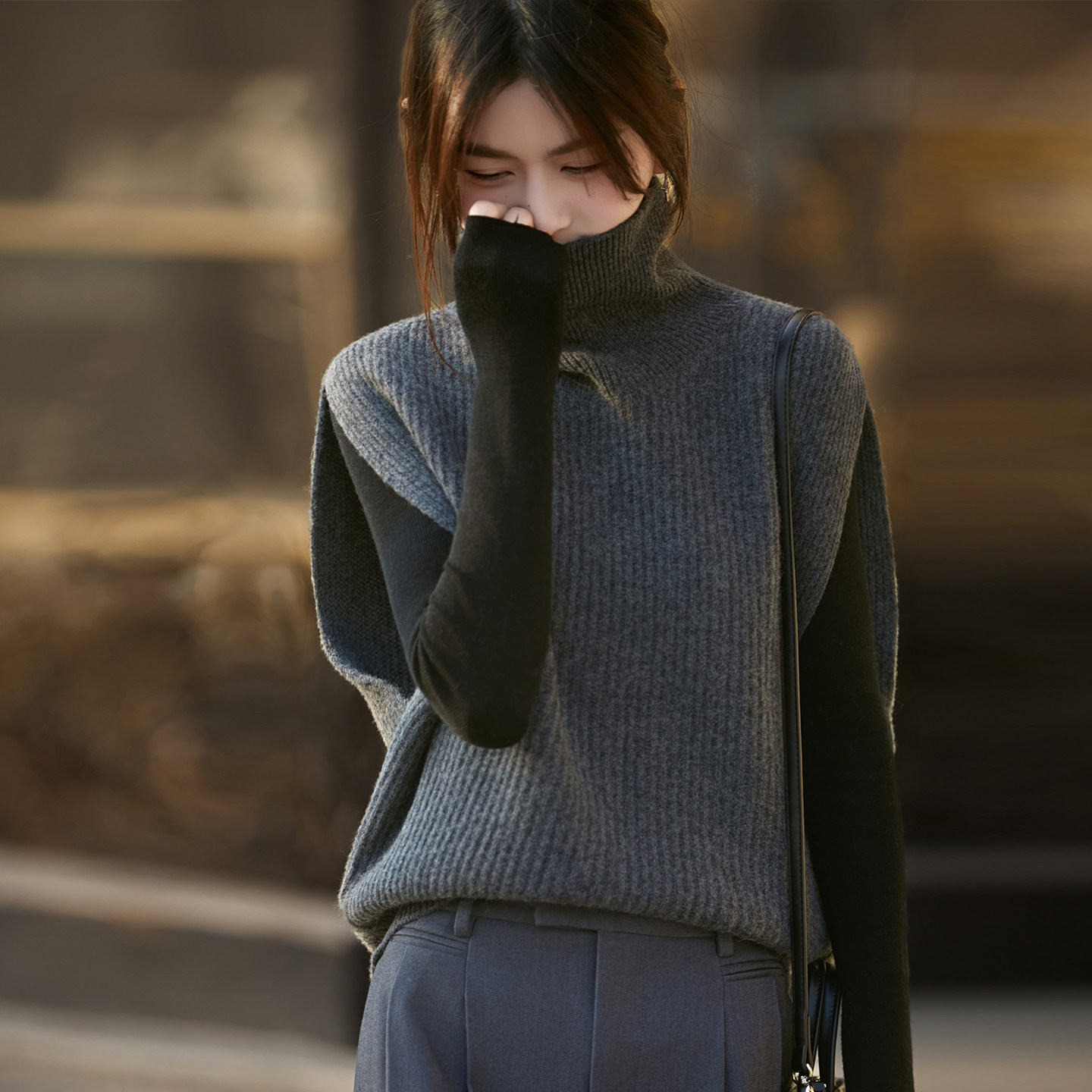 100%纯羊毛衫针织马甲女高领蝙蝠袖无袖毛衣背心宽松羊绒叠穿坎肩