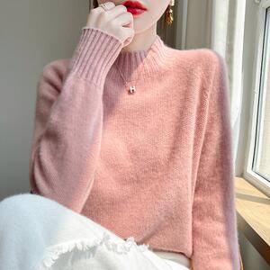 100%纯羊绒衫女一线成衣半高领提花加厚针织衫毛衣宽松羊毛衫打底