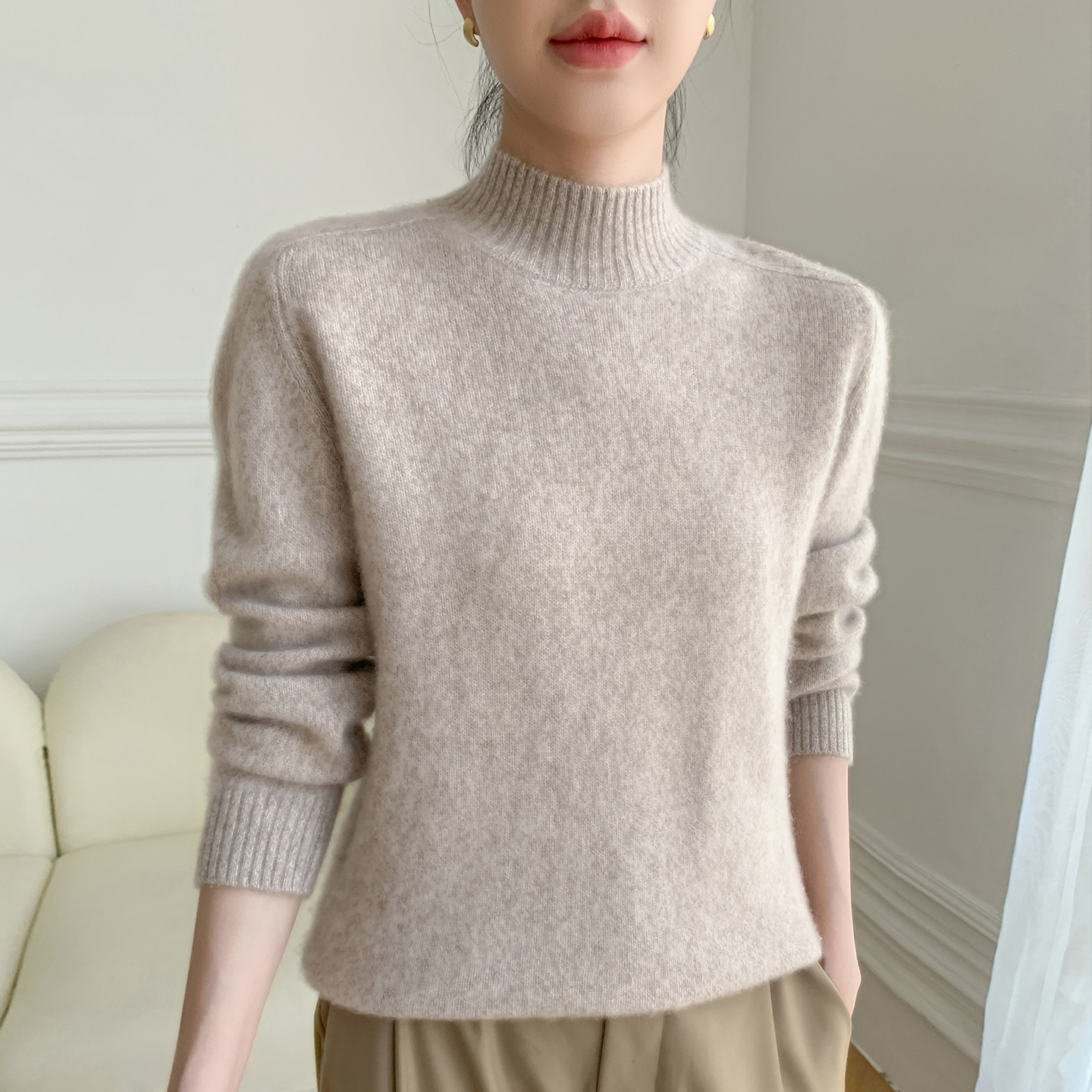 高端山羊绒衫半高领花纱加厚毛衣