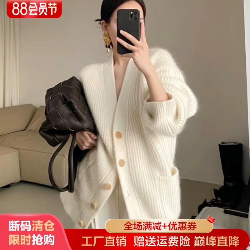 重磅加厚中长v领100%纯羊毛开衫