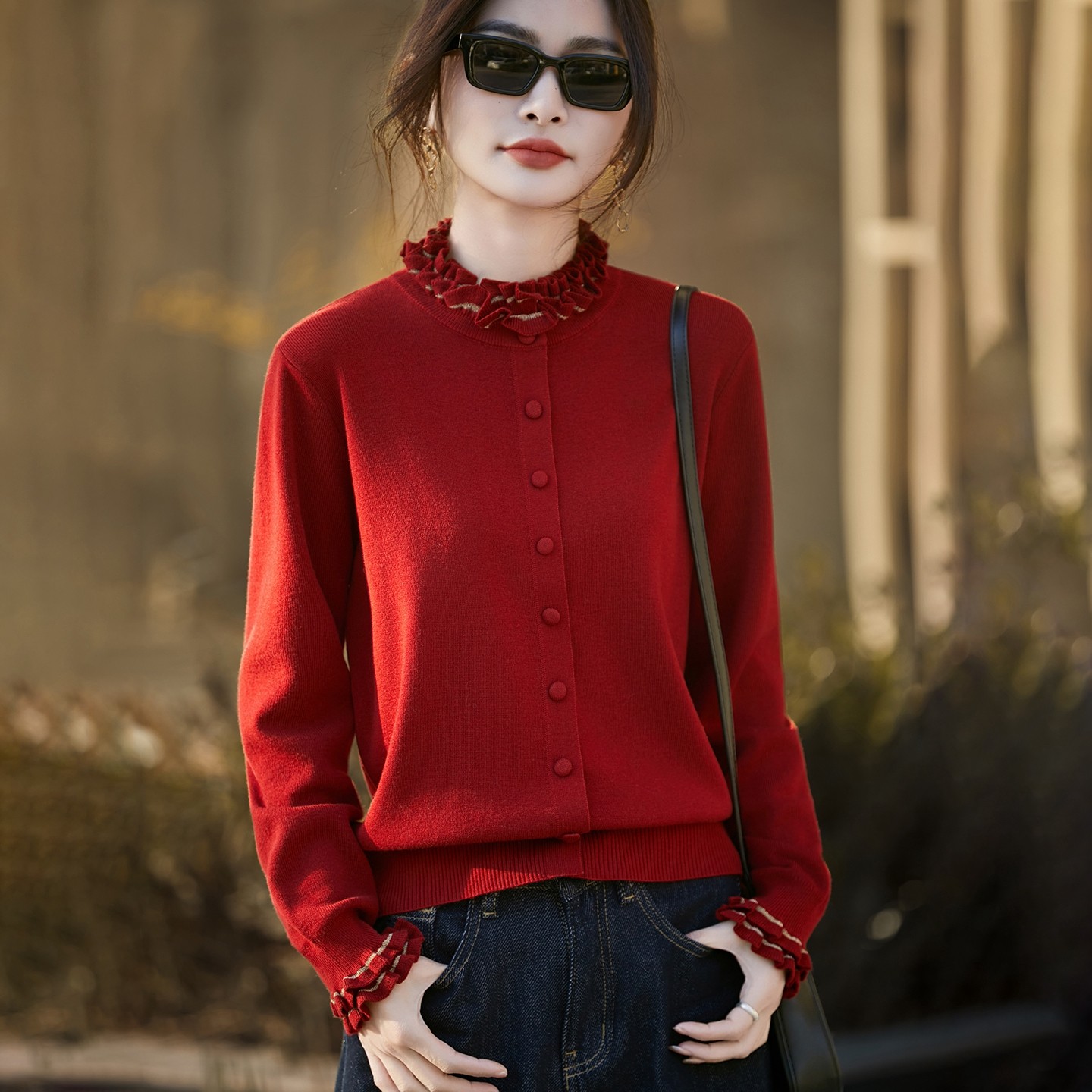 2026新款木耳边立领精纺羊毛开衫女气质长袖针织毛衣宽松百搭外套,女装/女士精品,羊绒衫,淘宝优惠券,粉丝福利购,淘宝优惠卷