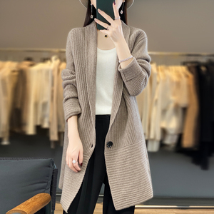 中长款100%纯羊绒开衫女西装领一粒扣毛衣外套宽松慵懒羊毛衫外搭