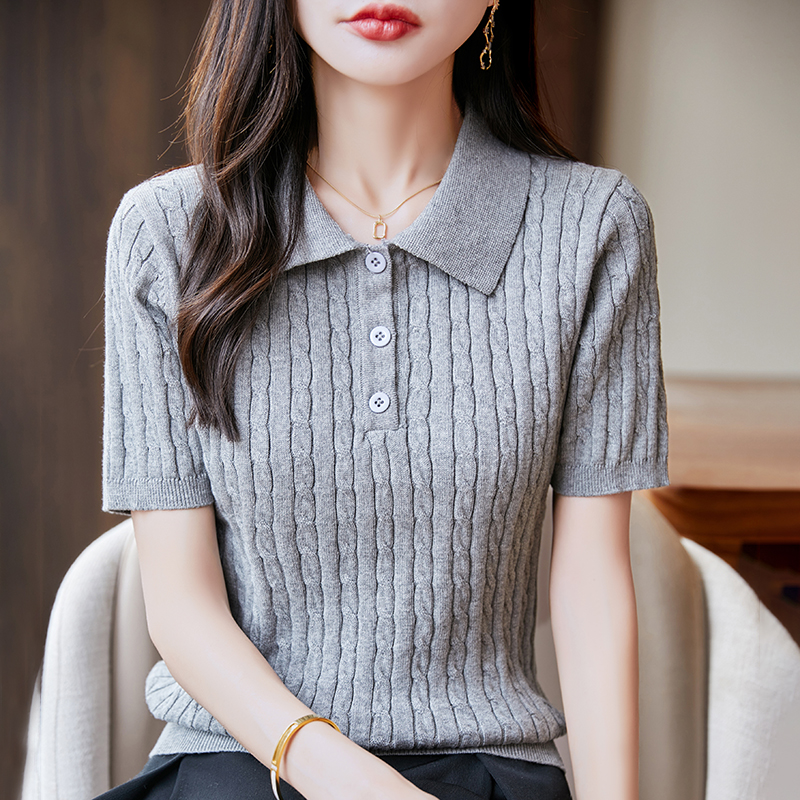 夏季100%纯棉针织短袖T恤女POLO领扭花半袖上衣纯色宽松纽扣打底