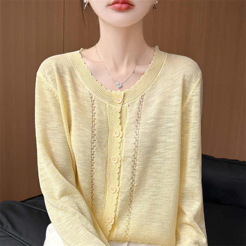 春夏竹节麻冰丝针织开衫女花边圆领薄款镂空长袖宽松防晒外套毛衣