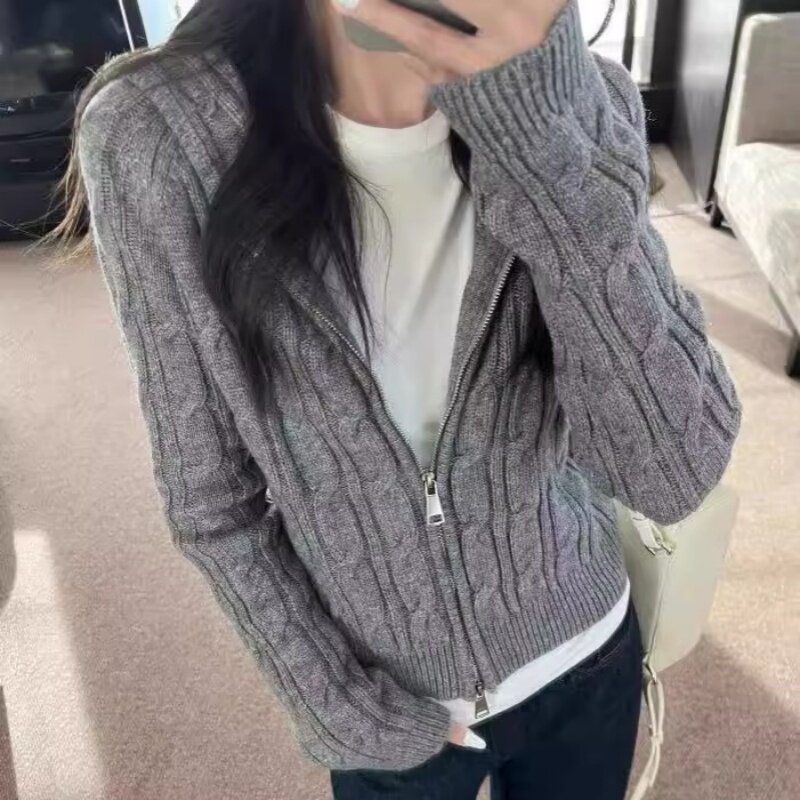 宽松慵懒100%纯羊毛开衫拉链外套