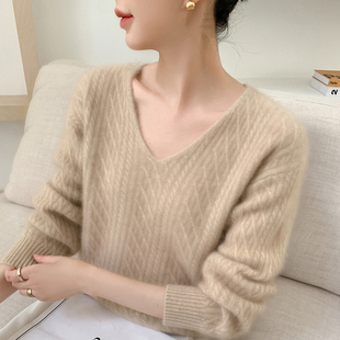 baby小山羊絨衫 羊毛打底 女V領加厚菱形提花針織毛衣寬松慵懶長袖