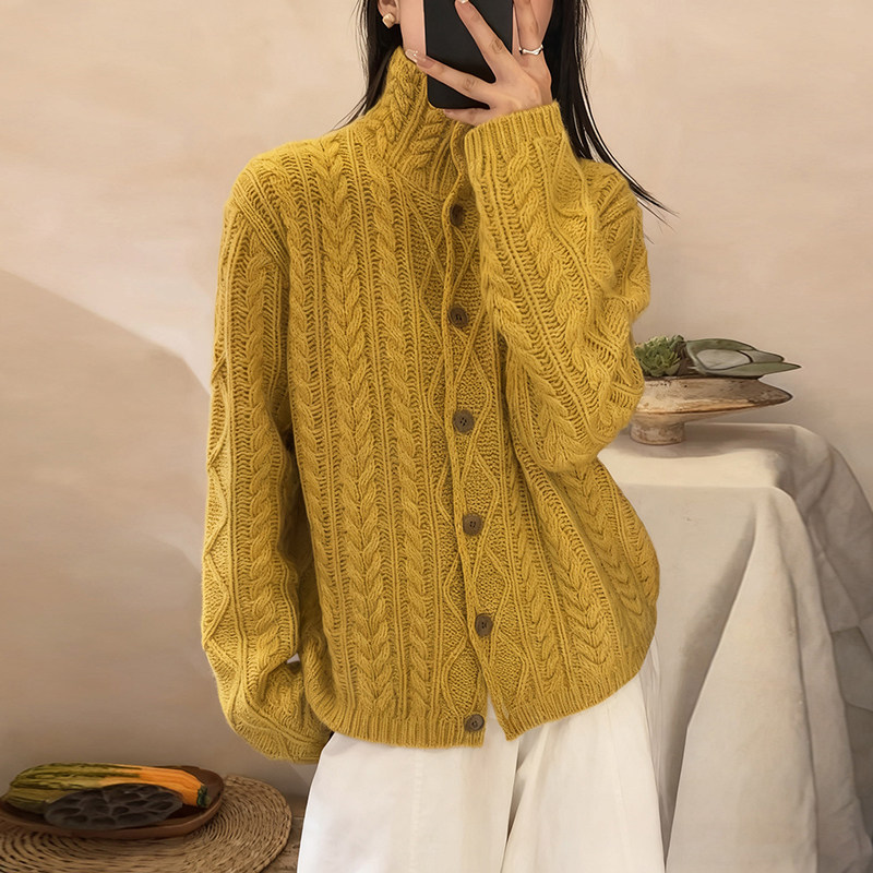 高领麻花加厚100%纯羊毛开衫女秋冬宽松慵懒风羊绒衫外套长袖毛衣