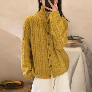 高领麻花加厚100%纯羊毛开衫女秋冬宽松慵懒风羊绒衫外套长袖毛衣