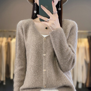 V领100%纯羊绒开衫女秋冬款镂空外套毛衣宽松短款羊毛衫针织上衣