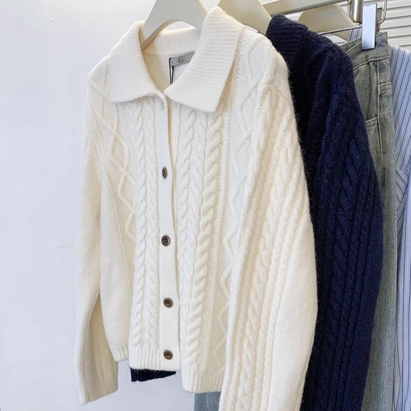秋冬季加厚100%纯羊毛开衫女翻领绞花针织长袖毛衣宽松羊绒衫外套