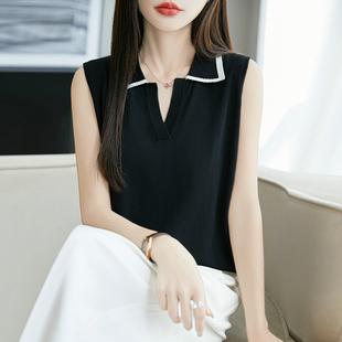 T恤宽松内搭打底 POLO领拼色莱赛尔天丝针织背心上衣女半开领无袖