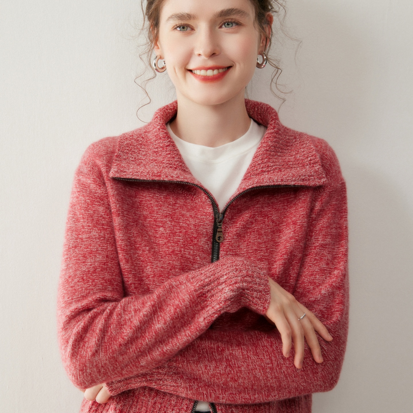 高端轻奢高领山羊绒开衫拉链外套