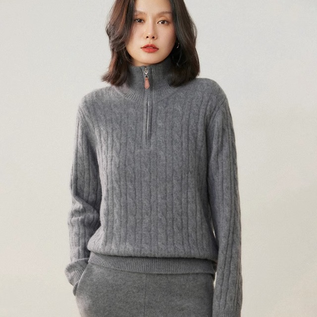 半开拉链高级感山羊绒衫女加厚立领麻花针织毛衣宽松慵懒羊毛打底