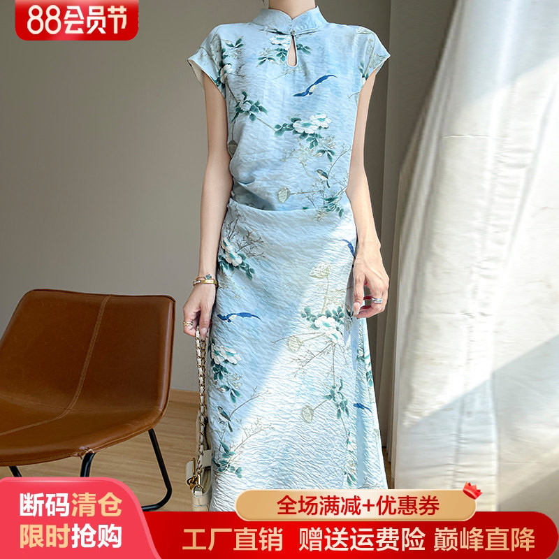 立领盘扣新中式拼色中长款连衣裙