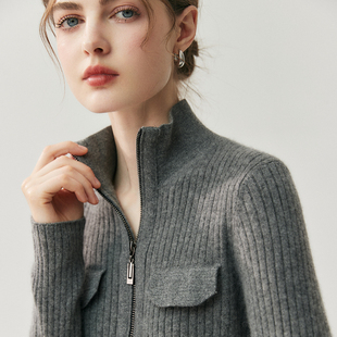 半高领双拉链设计感山羊绒开衫女修身坑条针织毛衣显瘦羊毛衫外套