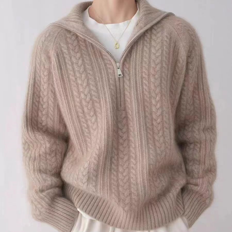 100%纯羊毛衫半开领拉链麻花毛衣