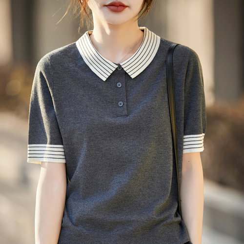 春夏POLO领精纺羊毛衫短袖女条纹拼色针织T恤上衣宽松半袖打底衫