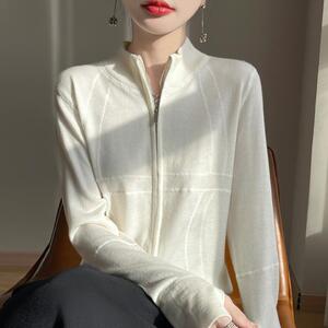 半高领精纺羊毛开衫女双拉链立领提花毛衣外套宽松针织衫外搭上衣
