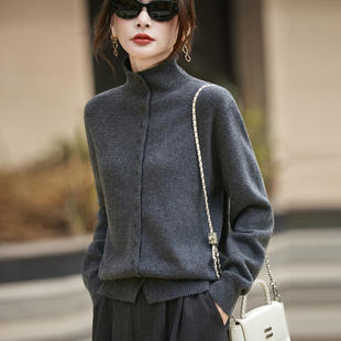 2025秋冬半高领精纺羊毛开衫女法式高端显瘦针织毛衣宽松休闲外套