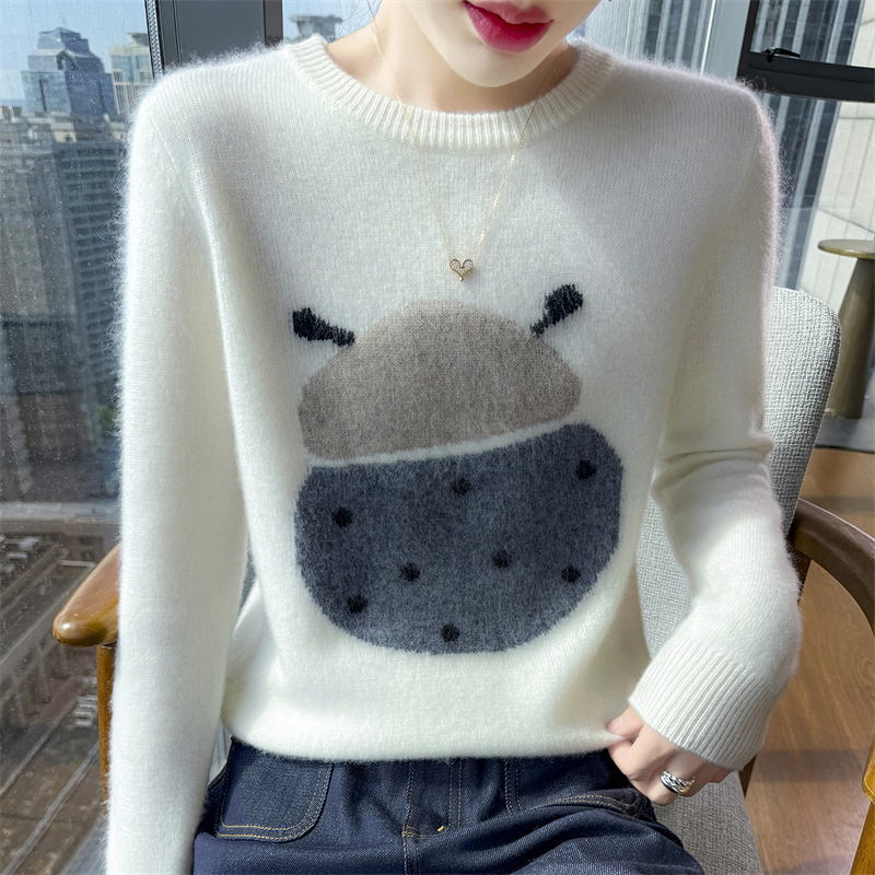 100%纯羊毛衫女圆领毛衣提花上衣