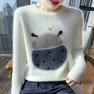 100%纯羊毛衫女圆领加厚七星瓢虫提花针织毛衣宽松打底羊绒衫上衣