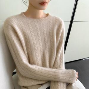 轻奢软糯！100%纯山羊绒衫女圆领扭花加厚针织毛衣宽松慵懒风打底