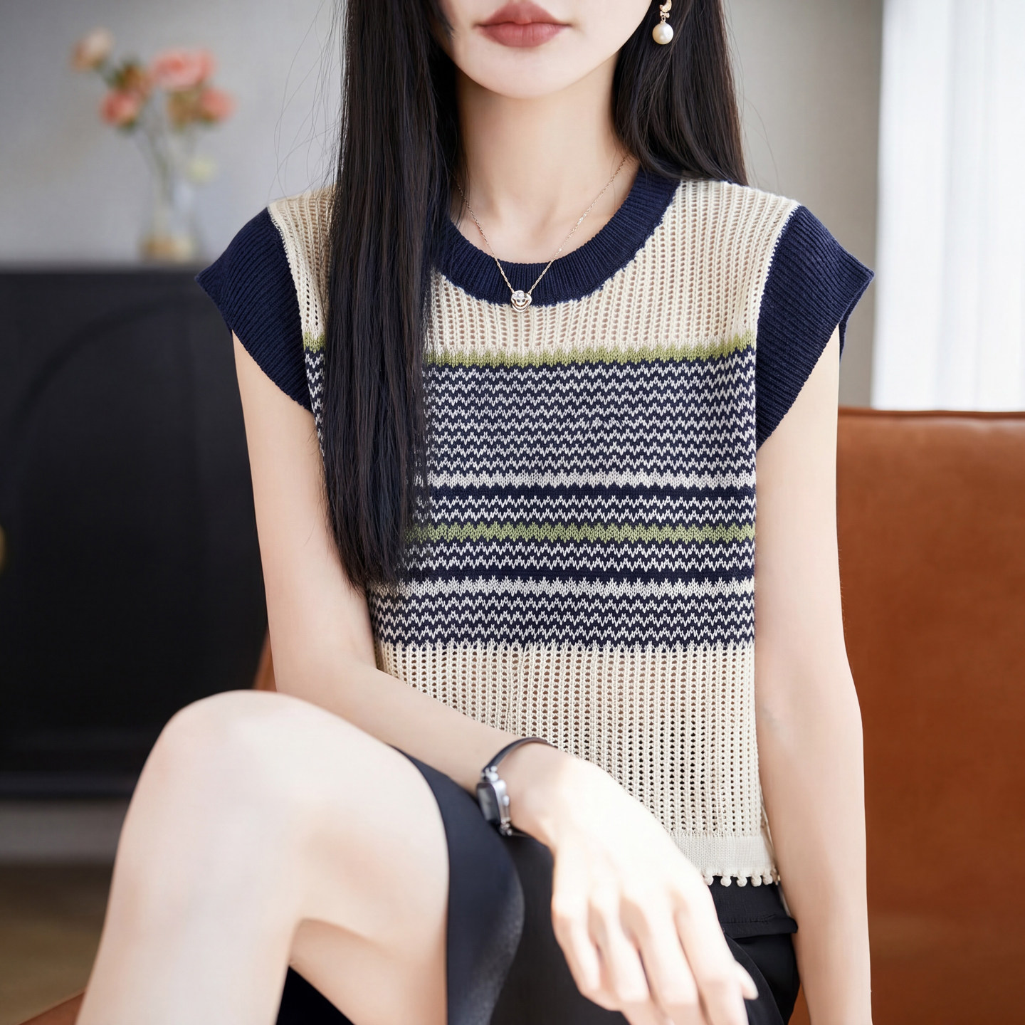 夏季天丝亚麻针织撞色显瘦T恤衫