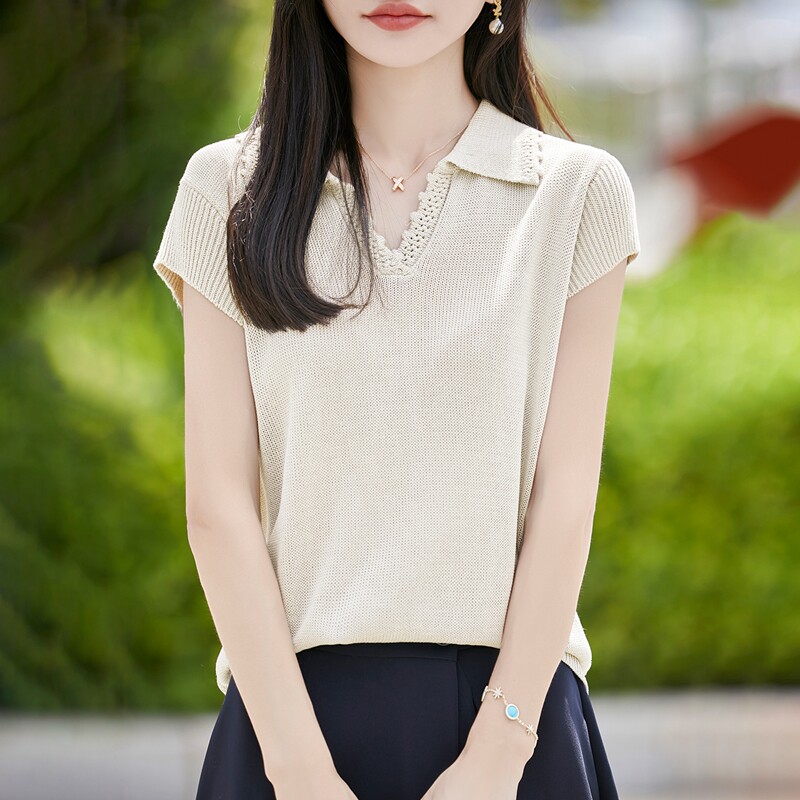 POLO领珍珠麻针织短袖T恤女背心