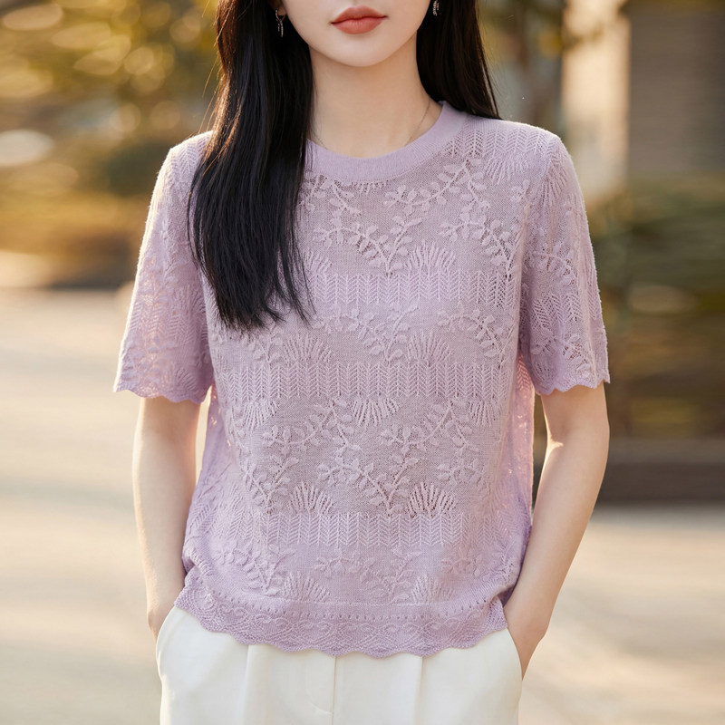 春夏新款桑蚕丝羊毛针织短袖T恤女圆领镂空提花上衣宽松打底半袖