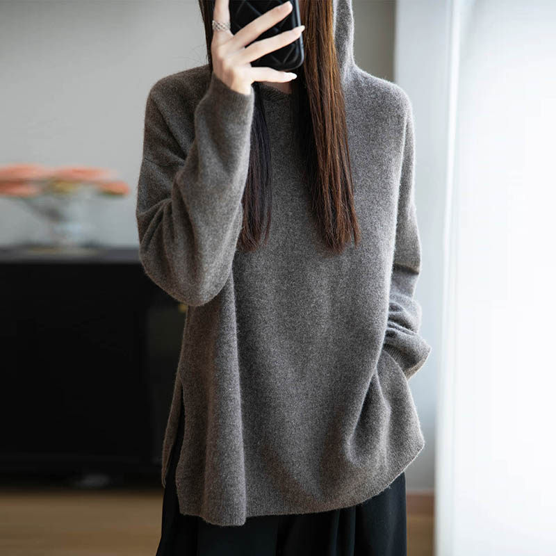 宽松慵懒100%纯羊毛衫女针织帽衫