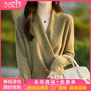 和服上衣 针织毛衣宽松羊绒衫 秋冬交叉V领100%纯羊毛衫 女百搭长袖