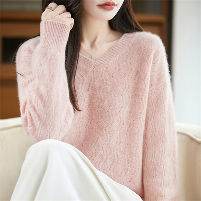 V领镂空100纯羊毛衫加厚长袖毛衣