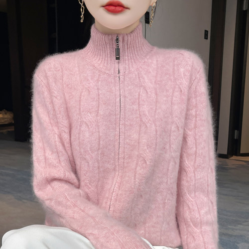 100%纯羊毛开衫半高拉链毛衣外套