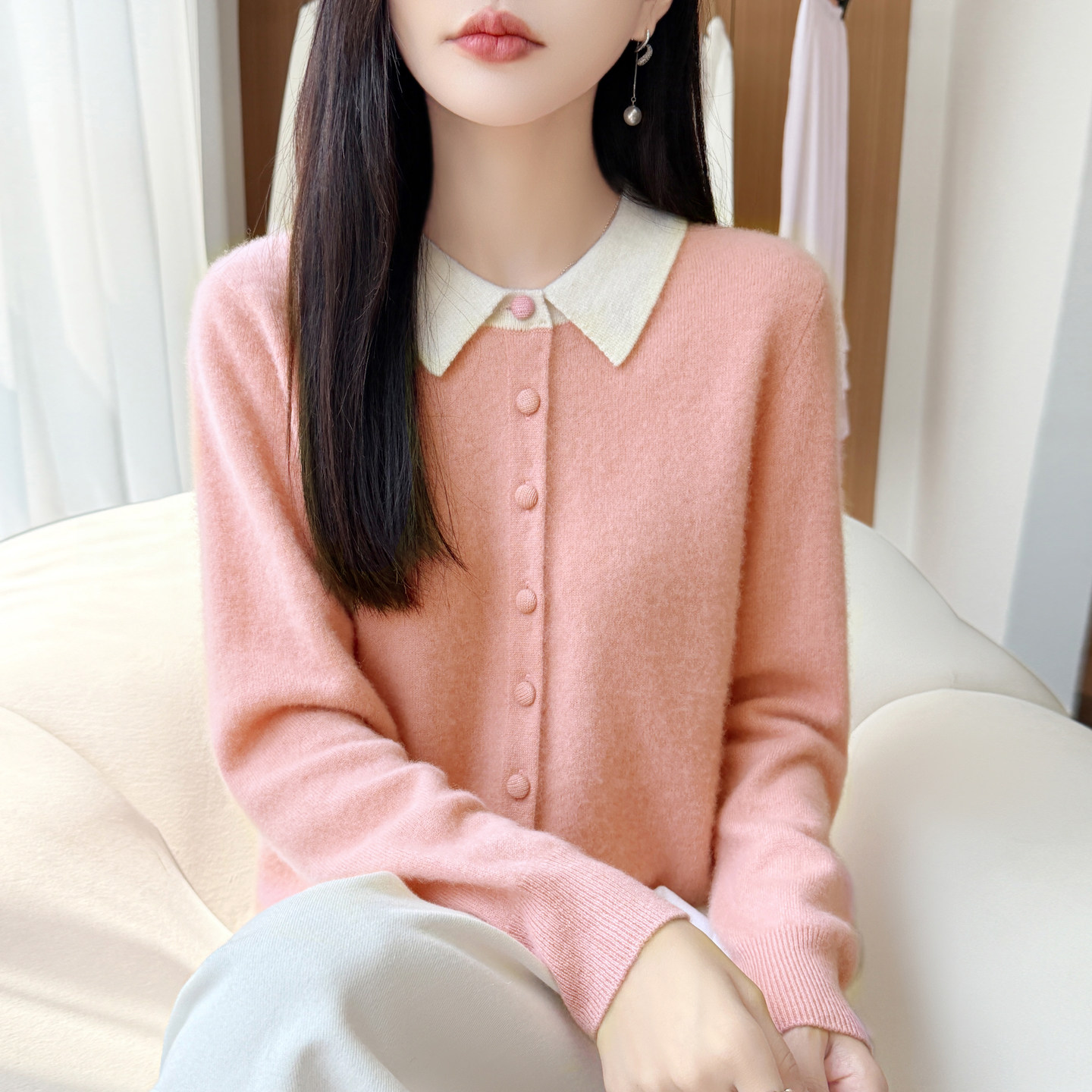 秋冬100%羊毛女翻领拼色开衫外套