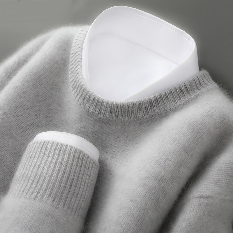 秋冬季男士圆领100%纯羊毛衫针织毛衣一线成衣无缝宽松羊绒衫打底