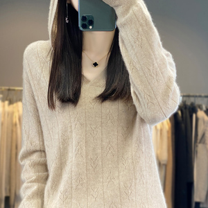 100%纯羊绒帽衫女秋冬新款镂空钩花长袖毛衣宽松连帽羊毛衫打底衫