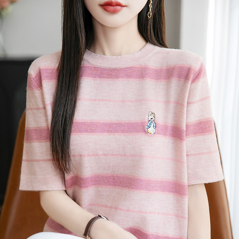 精纺羊毛针织短袖女圆领条纹T恤
