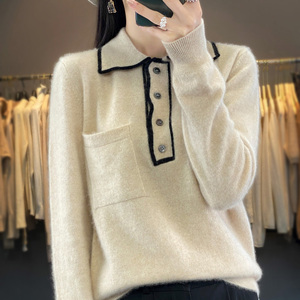2023秋冬新款Polo领羊毛衫女宽松纯色拼色100%羊绒毛衣针织打底衫